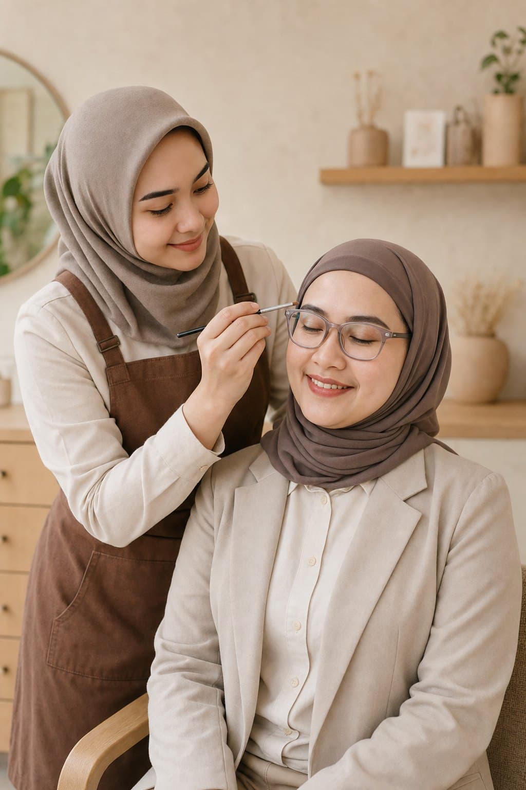 browie artisan sedang merapikan alis seorang klien yang tersenyum di ruangan yang hangat